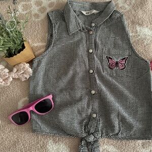 H&M girls tie button top, upcycled by ME with custom butterfly patchwork. Sz 10